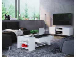 Mesa De Apoio*VCM Mesa de centro de madeira simples | Dimensões aprox. A. 35 x L. 100 x P. 50 cm | Mesa de estar com gaveta - Tindus (Branco / Preto) Multicor
