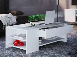 VCM Mesa de centro de madeira simples | Dimensões aprox. A. 35 x L. 100 x P. 50 cm | Mesa sala de estar com gaveta - Tindus (look branco / concreto)^ Mesa De Apoio
