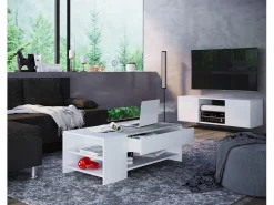 VCM Mesa de centro de madeira simples | Dimensões aprox. A. 35 x L. 100 x P. 50 cm | Mesa sala de estar com gaveta - Tindus (look branco / concreto)^ Mesa De Apoio