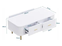 Sale Mesa de centro de madeira com 4 gavetas, cantos arredondados, puxadores e pés dourados, branca. Branco