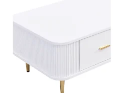 Sale Mesa de centro de madeira com 4 gavetas, cantos arredondados, puxadores e pés dourados, branca. Branco