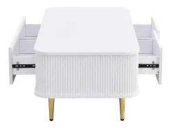 Sale Mesa de centro de madeira com 4 gavetas, cantos arredondados, puxadores e pés dourados, branca. Branco