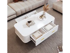 Sale Mesa de centro de madeira com 4 gavetas, cantos arredondados, puxadores e pés dourados, branca. Branco