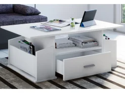 VCM Mesa de centro de madeira com espaço de armazenamento suficiente | Dimensões aprox. A. 44 x L. 110 x P. 52 cm | Mesa de estar com gaveta - Junata (Branco)^ Mesa De Apoio