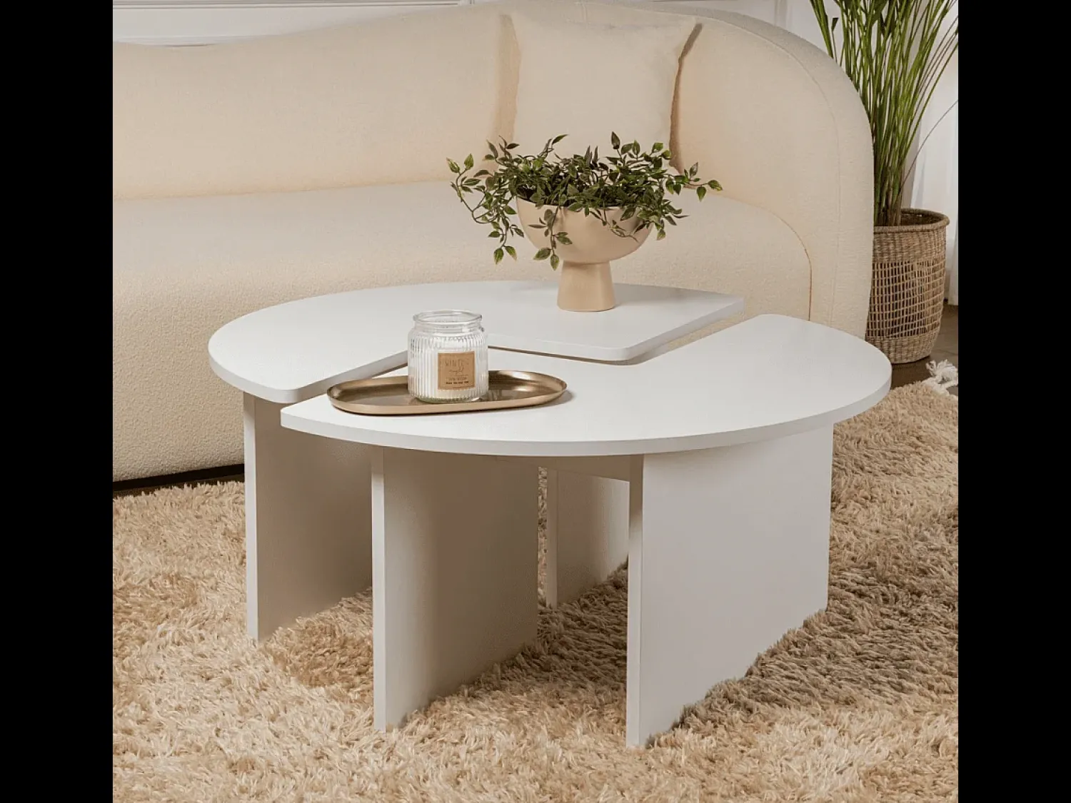 Calicosy Mesa de centro de madeira "Moira" 90 x 90 x 41 cm - Branco natural^ Mesa De Centro