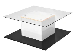 Mesa De Centro| Mesa de centro de vidro, mesa de centro quadrada com LED ajustável, mesa lateral moderna, e branco Preto