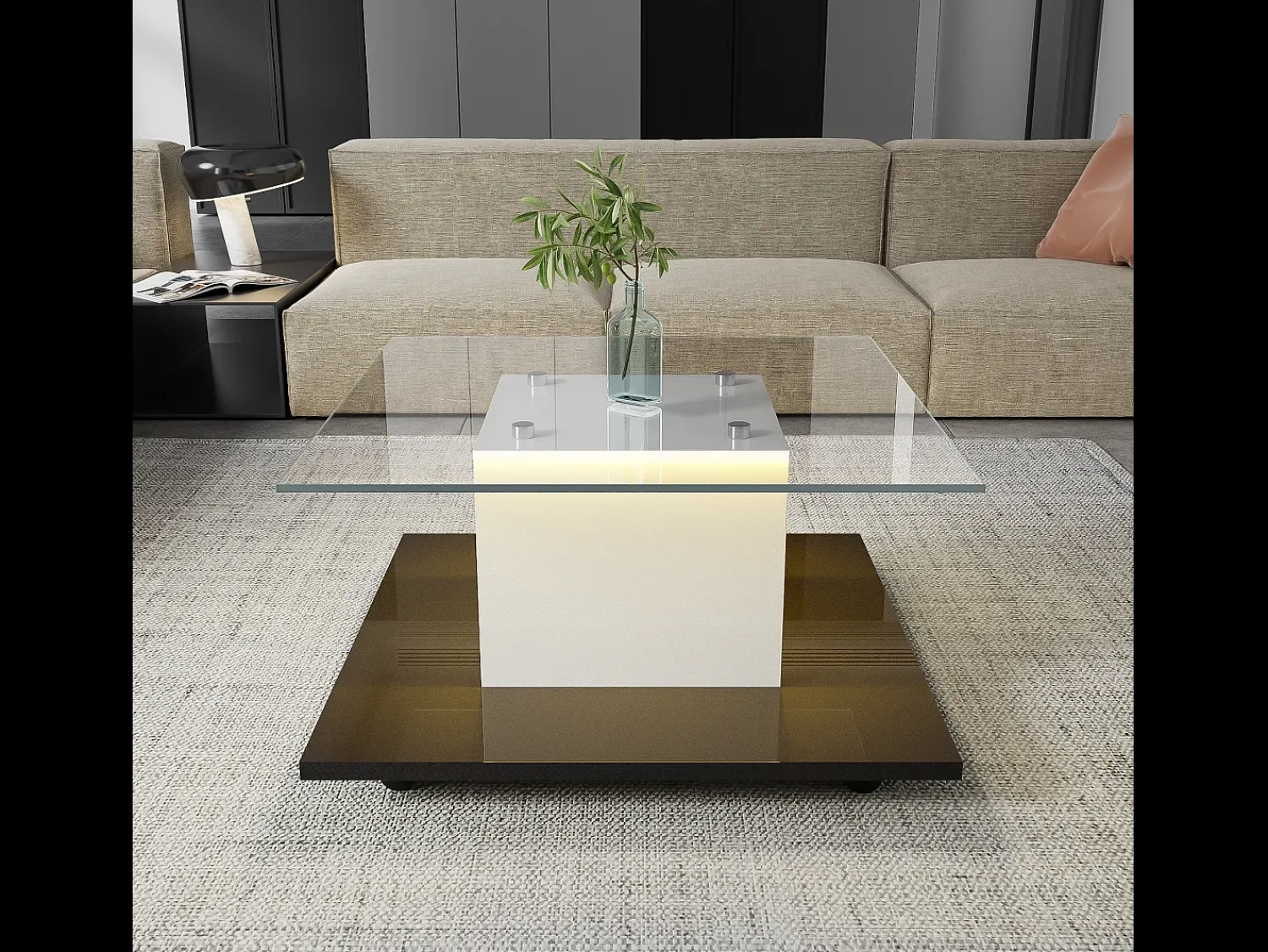 Mesa De Centro| Mesa de centro de vidro, mesa de centro quadrada com LED ajustável, mesa lateral moderna, e branco Preto