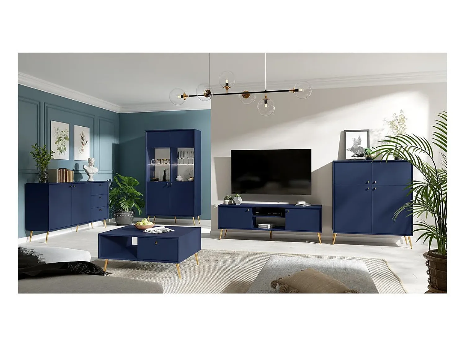 Meublorama Mesa de centro design AZURÉA – Nicho + 1 porta basculante – profundo – 87x43x66 cm Azul