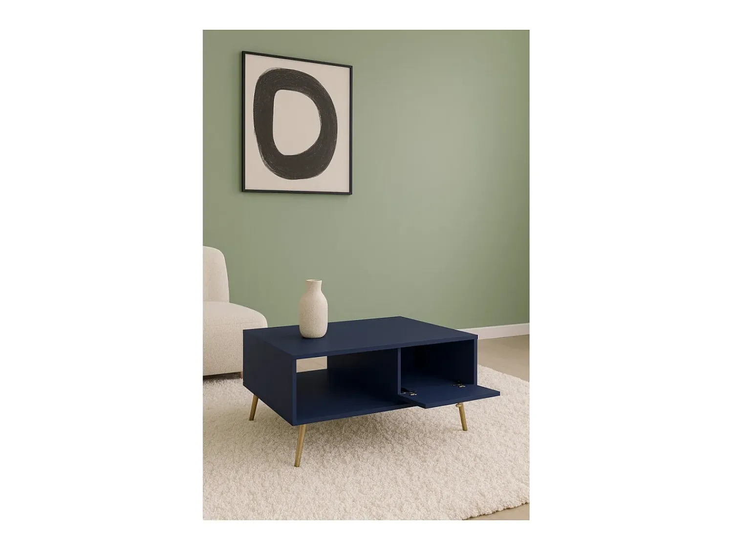 Meublorama Mesa de centro design AZURÉA – Nicho + 1 porta basculante – profundo – 87x43x66 cm Azul