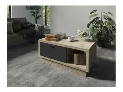 Best Meublorama Mesa de centro design da coleção CORK com gaveta e nicho. Acabamento em madeira e cinza. Castanho