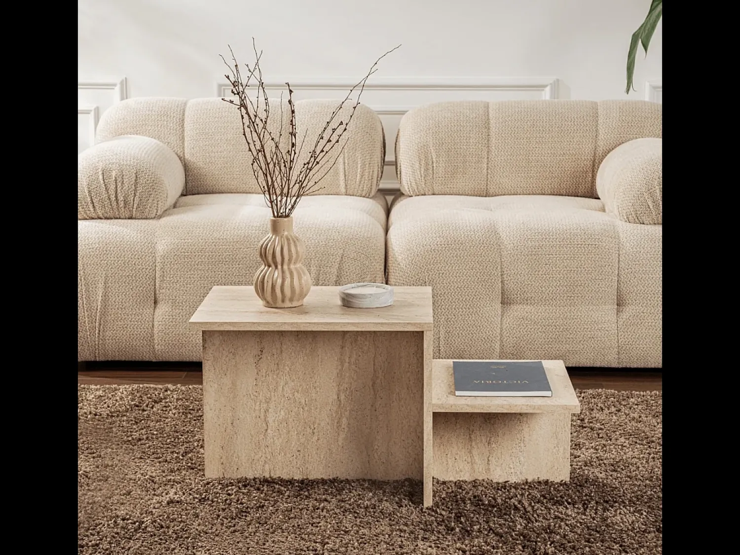 Mesa De Centro|Calicosy Mesa de centro design escandinavo Harmony 80x40x40 cm com efeito mármore travertino, aglomerado, sem arrumação Bege