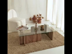 Online Concept-Usine Mesa de centro design moderno NULA em madeira com tampo de vidro temperado Castanho