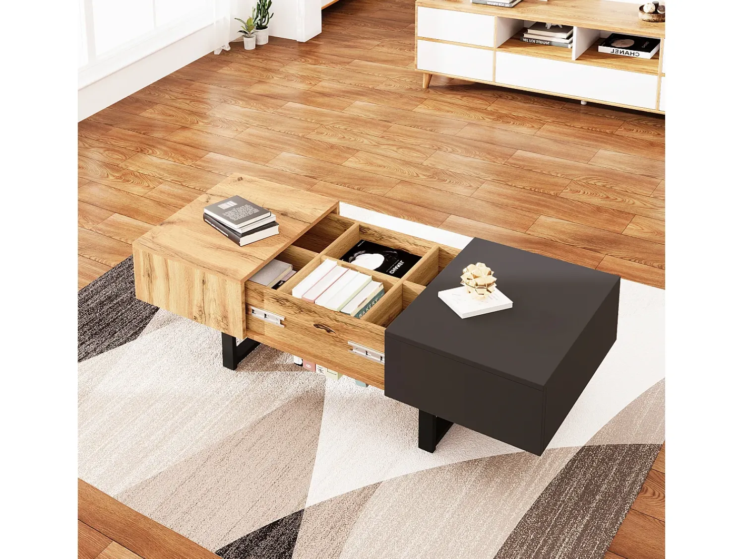 Mesa De Centro*Merax Mesa de centro deslizante com arrumação oculta - 155 x 55 x 22 cm - madeira e metal - preto e natural Natural claro