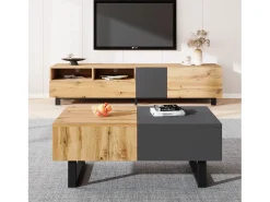 New Hauss Spole Mesa de centro deslizante com espaço de arrumação oculto - Pés em metal - Cor: madeira e preto Natural claro