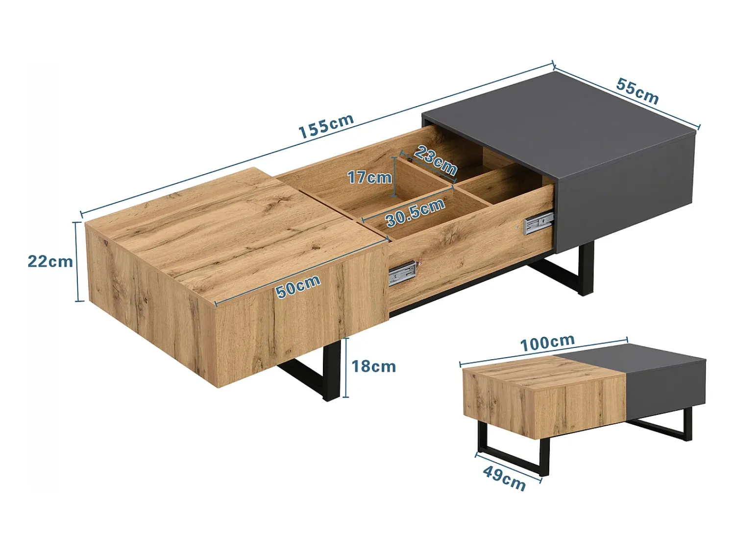 New Hauss Spole Mesa de centro deslizante com espaço de arrumação oculto - Pés em metal - Cor: madeira e preto Natural claro