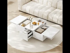 Sale Merax Mesa de centro deslizante com 2 gavetas - 100 C x 50 L x 31 A cm - efeito alto brilho - Aglomerado - Branco