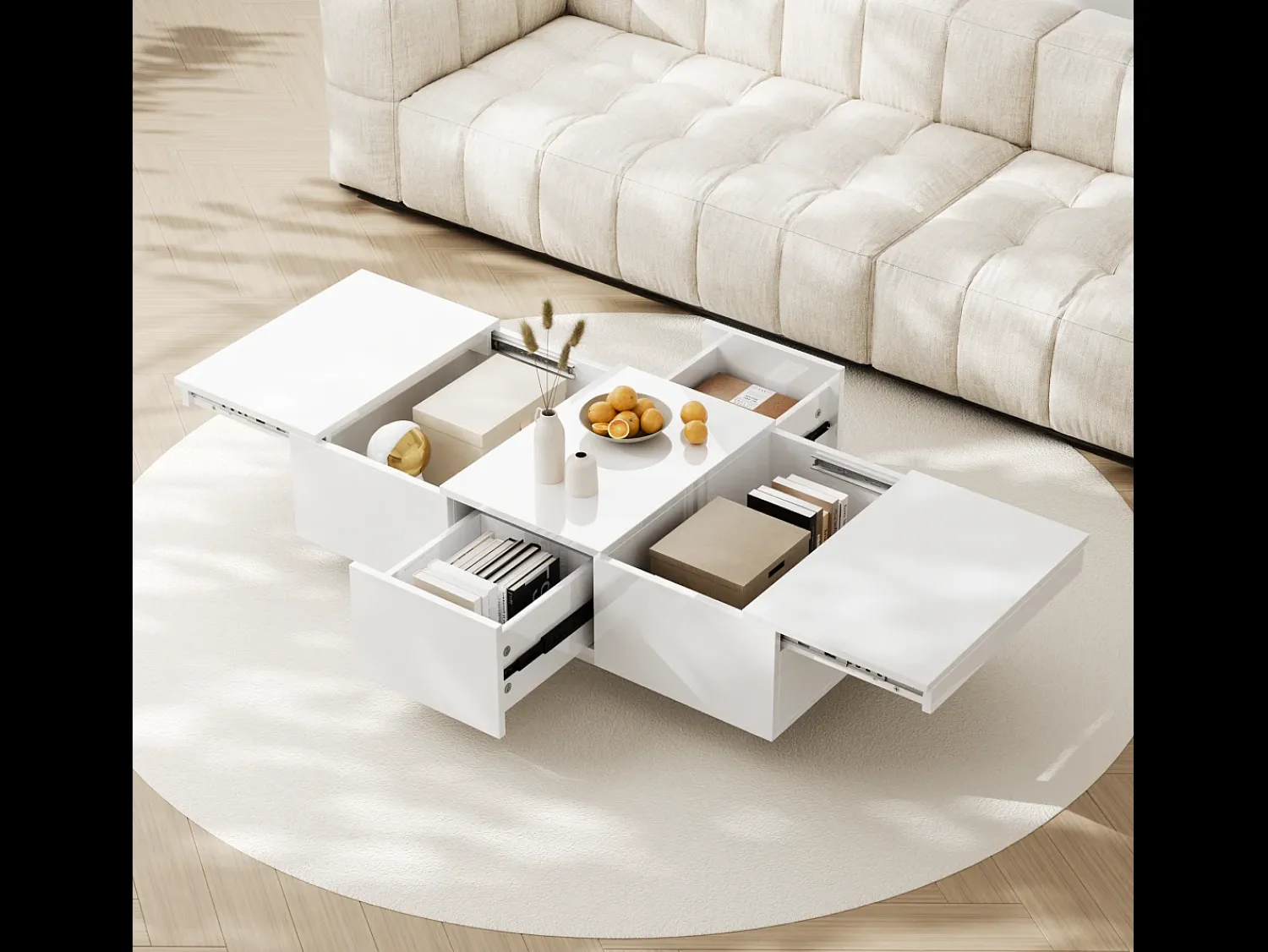 Sale Merax Mesa de centro deslizante com 2 gavetas - 100 C x 50 L x 31 A cm - efeito alto brilho - Aglomerado - Branco