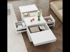 Sale Merax Mesa de centro deslizante com 2 gavetas - 100 C x 50 L x 31 A cm - efeito alto brilho - Aglomerado - Branco