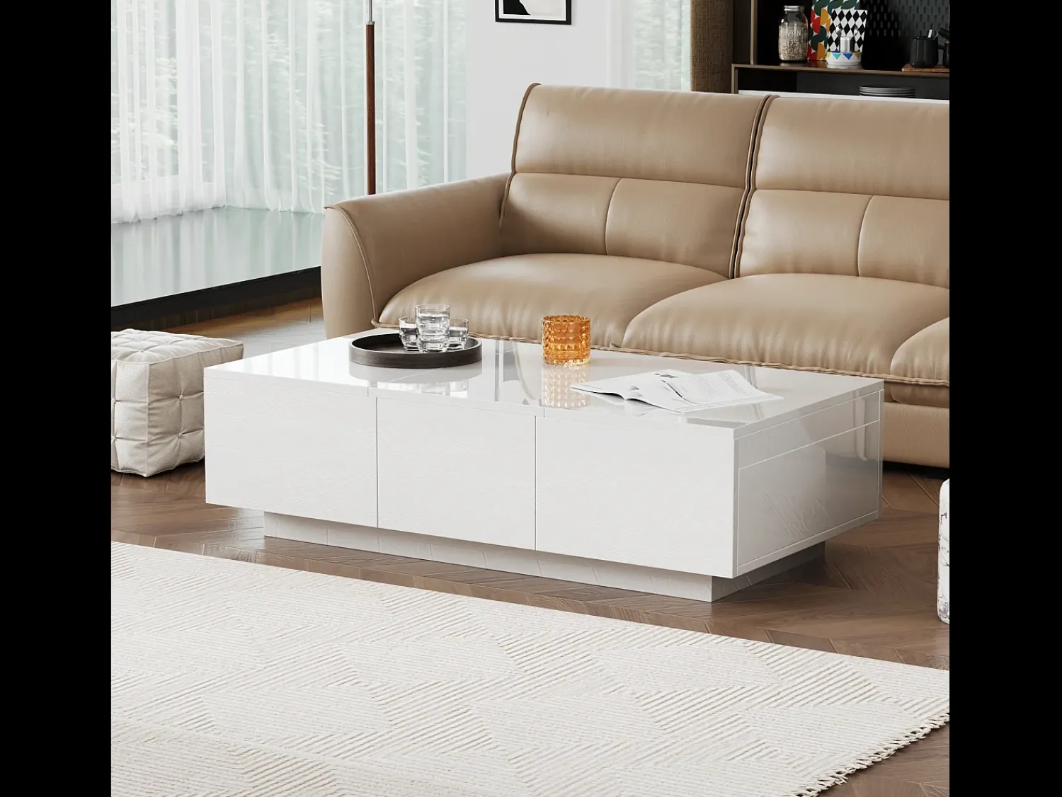 Sale Merax Mesa de centro deslizante com 2 gavetas - 100 C x 50 L x 31 A cm - efeito alto brilho - Aglomerado - Branco