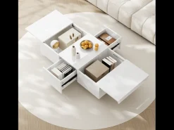 Sale Merax Mesa de centro deslizante com 2 gavetas - 100 C x 50 L x 31 A cm - efeito alto brilho - Aglomerado - Branco