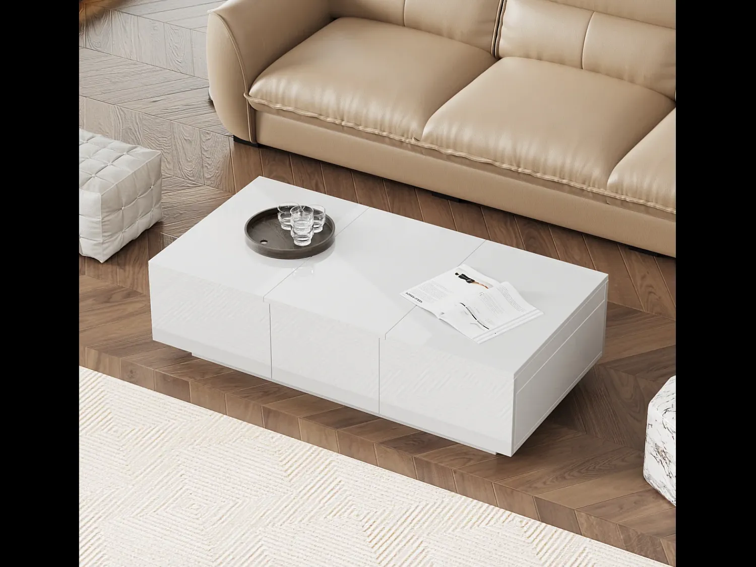 Sale Merax Mesa de centro deslizante com 2 gavetas - 100 C x 50 L x 31 A cm - efeito alto brilho - Aglomerado - Branco