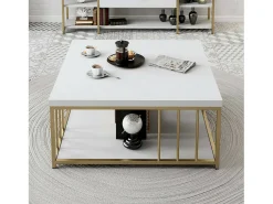Discount Dmora Mesa de centro DFedrizz, Mesa de café, Porta-revistas para sofá, Prateleira para sala de estar, 90x39h40 cm, e Dourado Branco
