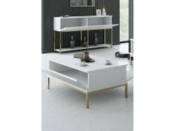 Mesa De Centro*Dmora Mesa de centro Dfiamozz, Mesa baixa para café, Suporte para sofá, Prateleira para sala, 90x60h40 cm, e Dourado Branco