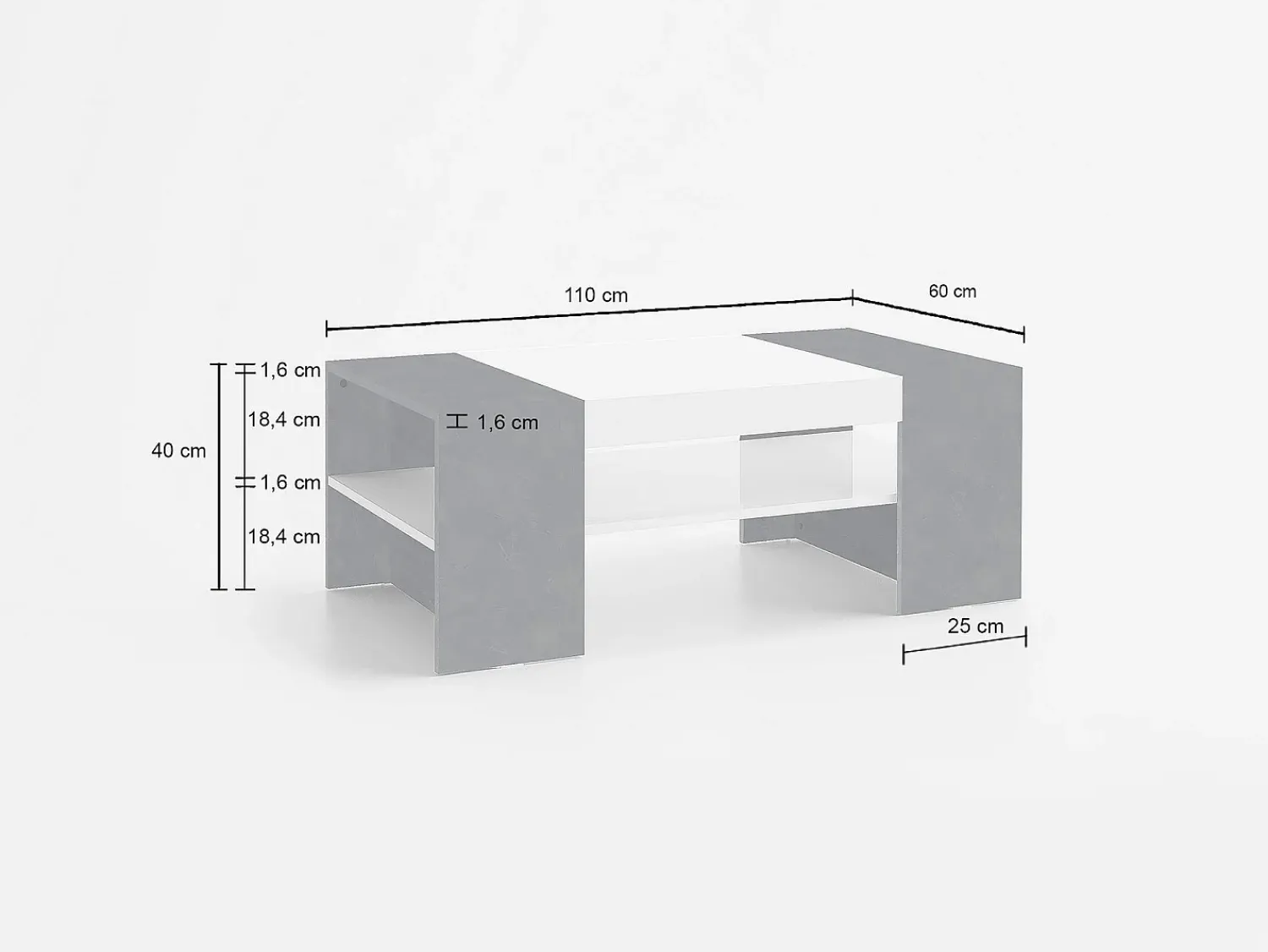 New Dmora Mesa de centro Dfort, Mesa de centro baixa, Porta-revistas, 100% Fabricado na Itália, 110x60h40 cm, brilhante e ardósia Branco