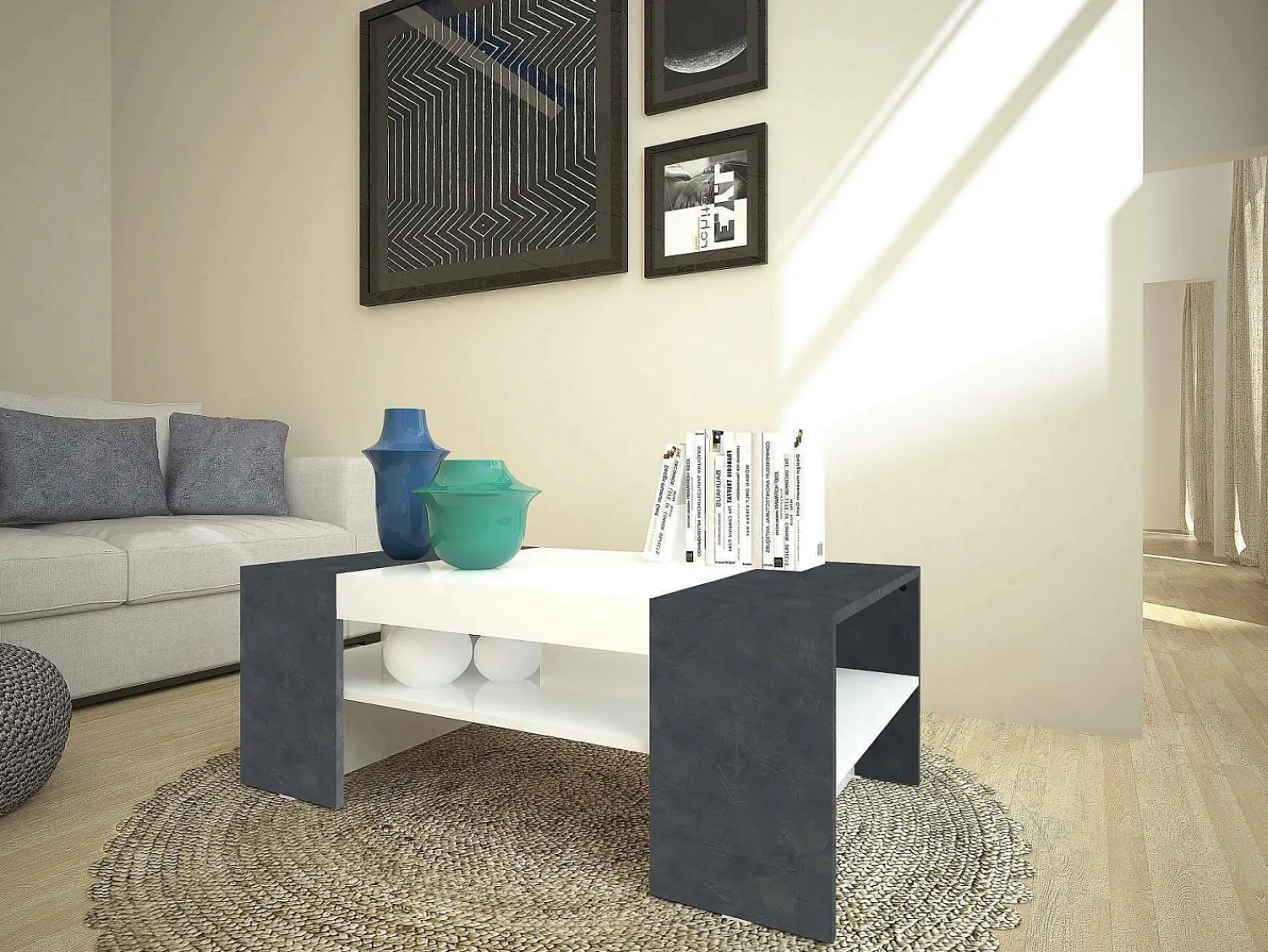 New Dmora Mesa de centro Dfort, Mesa de centro baixa, Porta-revistas, 100% Fabricado na Itália, 110x60h40 cm, brilhante e ardósia Branco