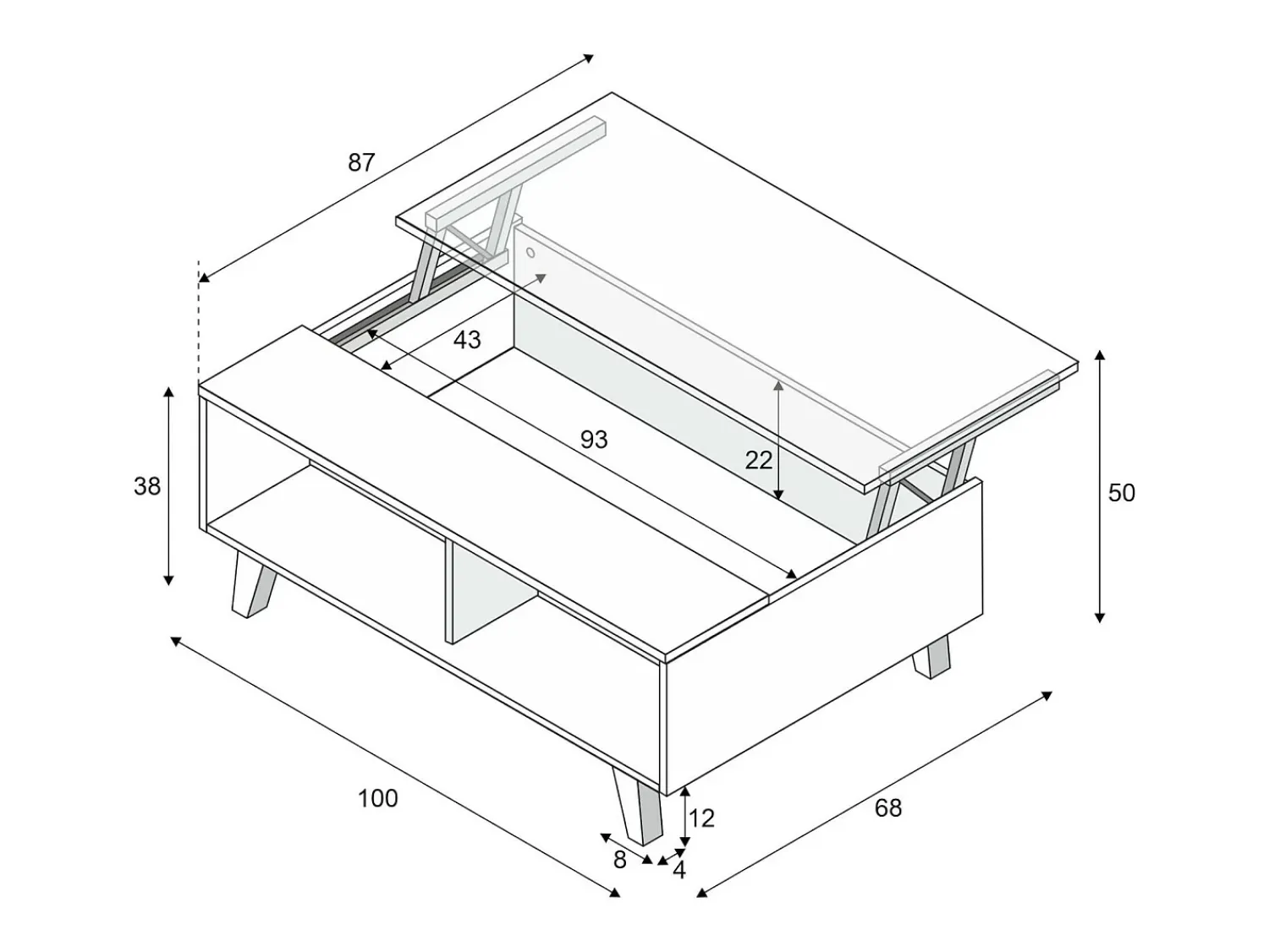 Best Dmora Mesa de centro Dgattus, Mesa de centro com tampo elevável, Mesa baixa de sala, 100x68h38 cm, brilhante e carvalho Branco