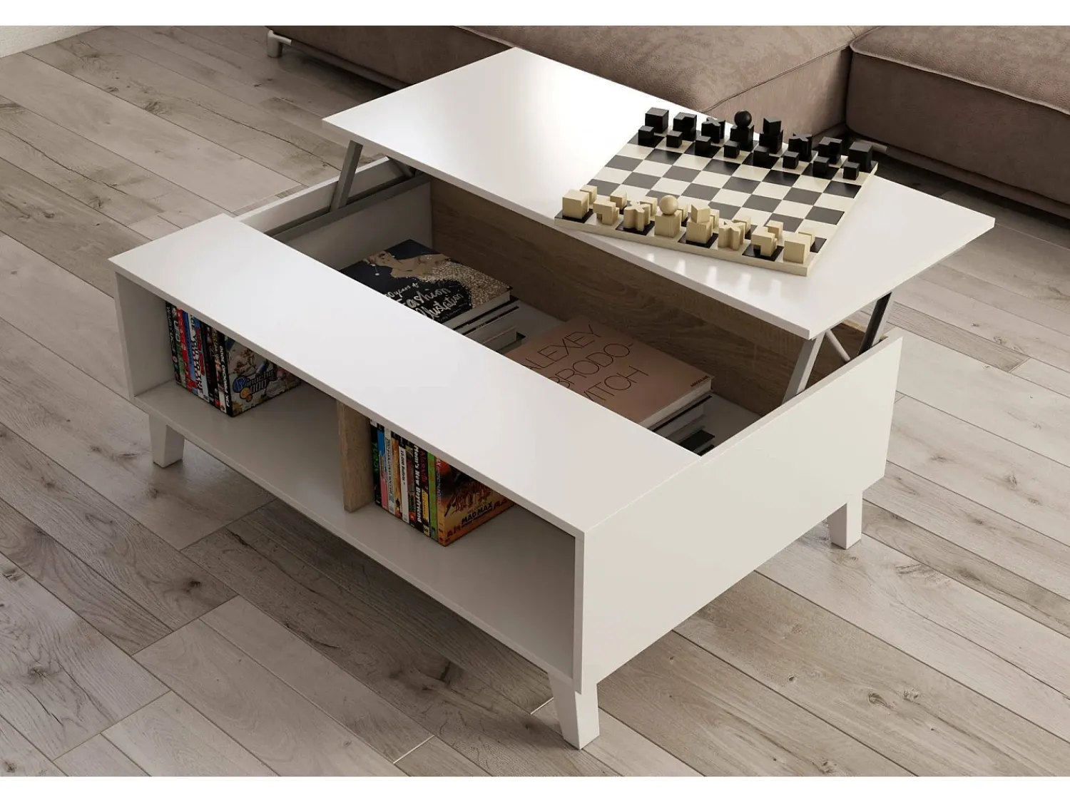 Best Dmora Mesa de centro Dgattus, Mesa de centro com tampo elevável, Mesa baixa de sala, 100x68h38 cm, brilhante e carvalho Branco