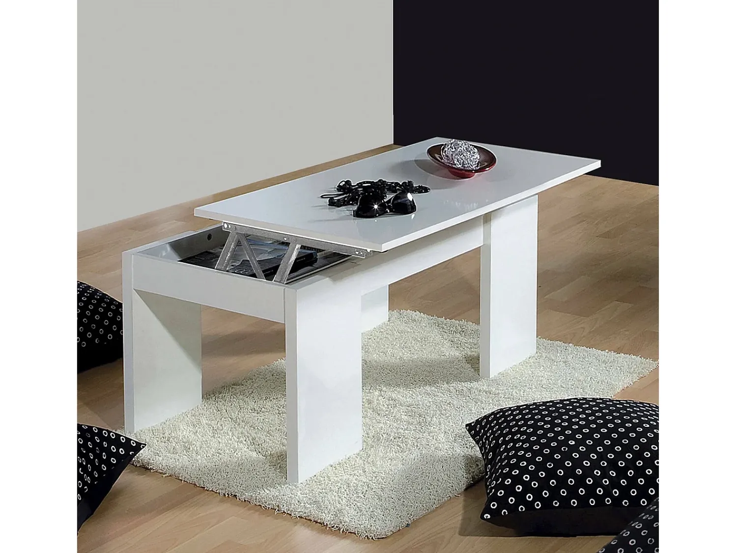 Mesa De Centro*Dmora Mesa de centro Dgollin, Mesa de centro com tampo elevatório, Mesa baixa de sala, 100x50h43/84 cm, brilhante Branco