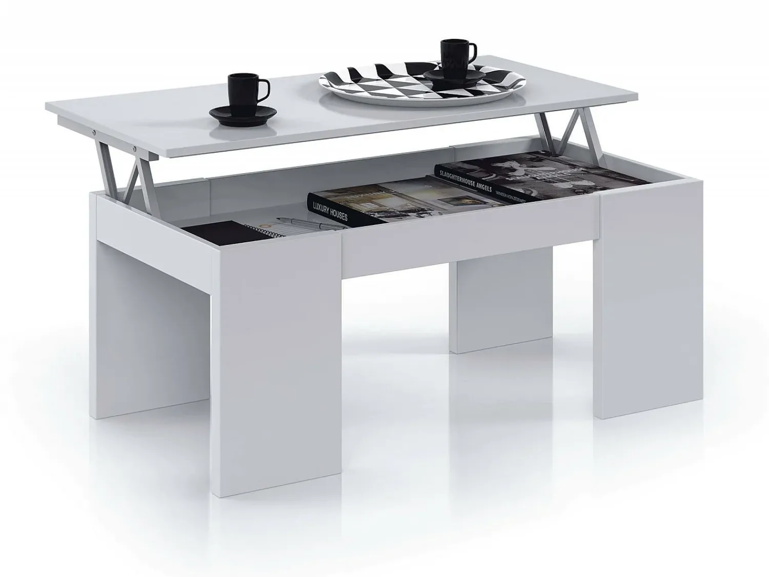 Mesa De Centro*Dmora Mesa de centro Dgollin, Mesa de centro com tampo elevatório, Mesa baixa de sala, 100x50h43/84 cm, brilhante Branco