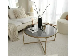 Mesa De Centro*Dmora Mesa de centro Dhateboe, Mesa de café, Porta-revistaE para sofá, prateleira de sala, 83x83h40 cm, ouro e tortora Dourado