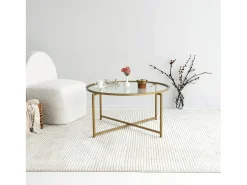 Dmora Mesa de centro Dhateboe, Mesa de café, PortadoresVistas para sofá, Prateleira de sala de estar, 83x83h40 cm, Ouro^ Mesa De Centro