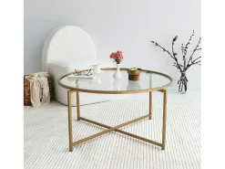 Dmora Mesa de centro Dhateboe, Mesa de café, PortadoresVistas para sofá, Prateleira de sala de estar, 83x83h40 cm, Ouro^ Mesa De Centro