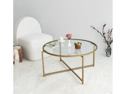 Dmora Mesa de centro Dhateboe, Mesa de café, PortadoresVistas para sofá, Prateleira de sala de estar, 83x83h40 cm, Ouro^ Mesa De Centro