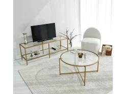 Dmora Mesa de centro Dhateboe, Mesa de café, PortadoresVistas para sofá, Prateleira de sala de estar, 83x83h40 cm, Ouro^ Mesa De Centro