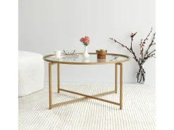 Dmora Mesa de centro Dhateboe, Mesa de café, PortadoresVistas para sofá, Prateleira de sala de estar, 83x83h40 cm, Ouro^ Mesa De Centro