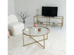 Dmora Mesa de centro Dhateboe, Mesa de café, PortadoresVistas para sofá, Prateleira de sala de estar, 83x83h40 cm, Ouro^ Mesa De Centro