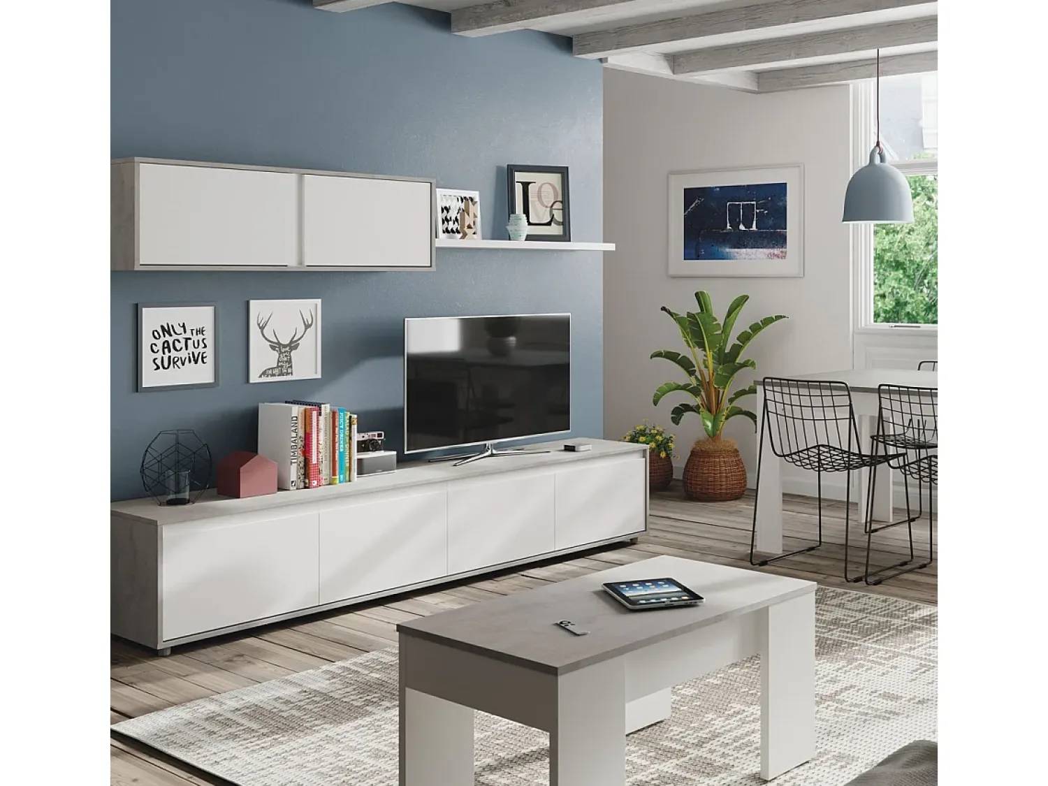 Discount Dmora Mesa de centro Dleal, Mesa de centro com tampo elevável, Mesa baixa de sala, 100x50h45/56 cm, e concreto Branco