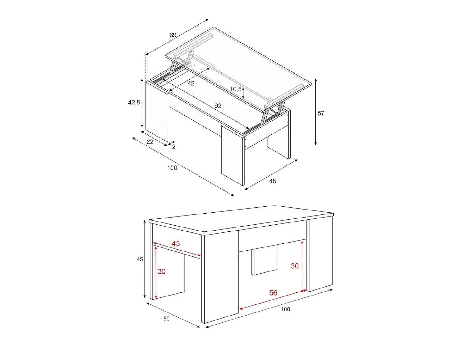 Discount Dmora Mesa de centro Dleal, Mesa de centro com tampo elevável, Mesa baixa de sala, 100x50h45/56 cm, e concreto Branco