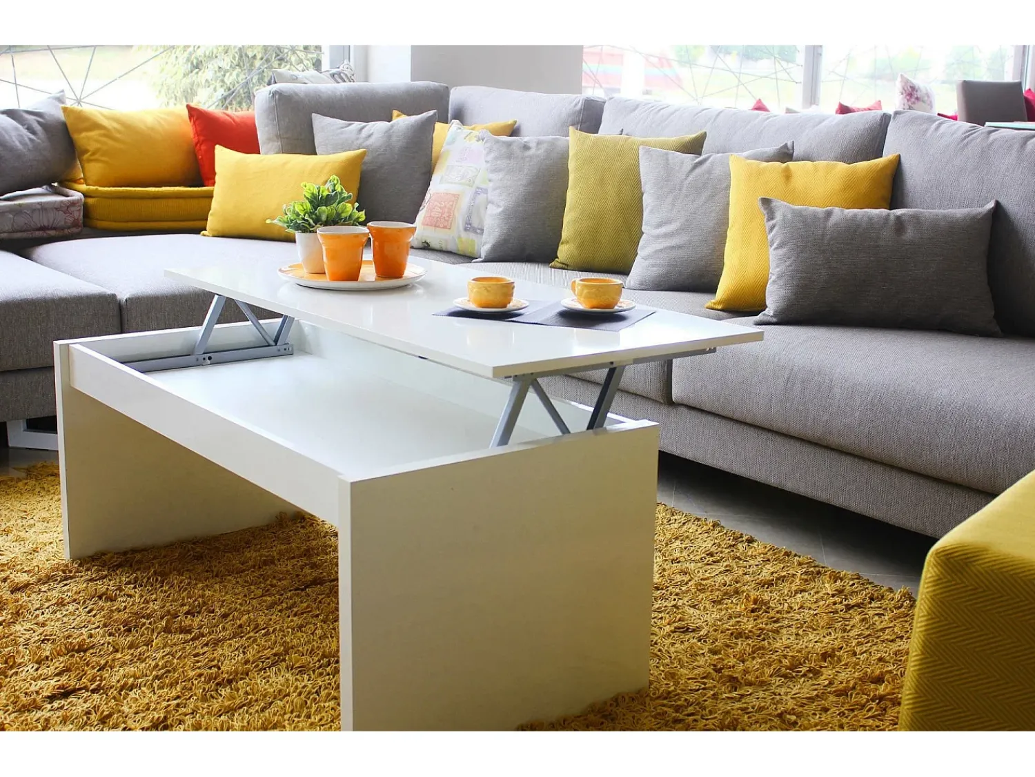 Dmora Mesa de centro Dlenzin, Mesa de centro com tampo elevatório, Mesa baixa da sala, 102x50h43/54 cm, brilhante^ Mesa De Centro