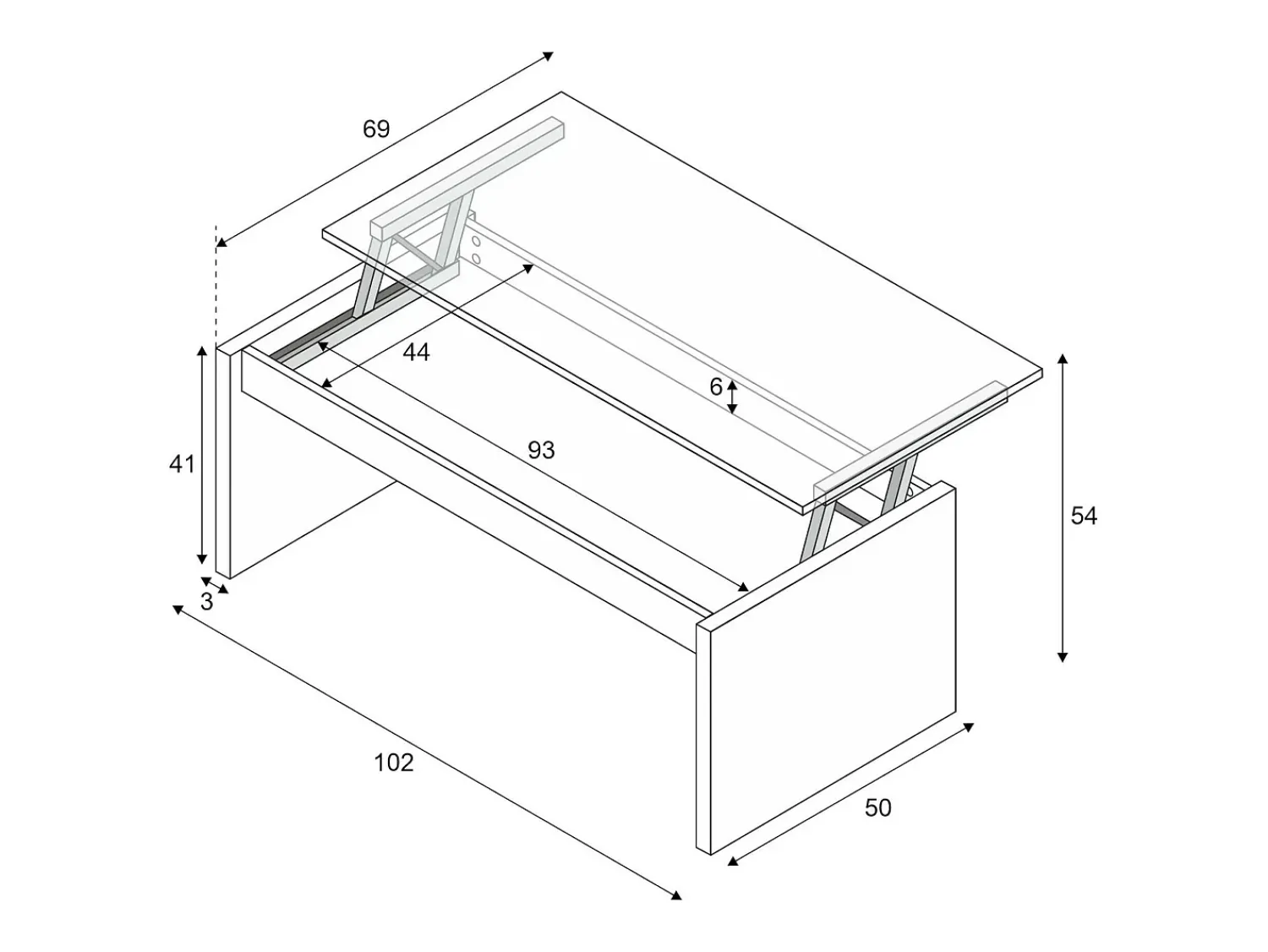 Dmora Mesa de centro Dlenzin, Mesa de centro com tampo elevatório, Mesa baixa da sala, 102x50h43/54 cm, brilhante^ Mesa De Centro
