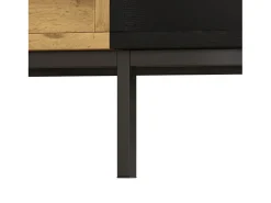 Mesa de centro elegante com estrutura em blocos de cores, compartimentos e gavetas, e pés de metal.^ Mesa De Centro