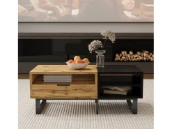 Mesa de centro elegante com estrutura em blocos de cores, compartimentos e gavetas, e pés de metal.^ Mesa De Centro