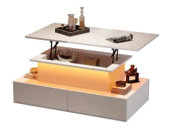 Mesa De Centro*Merax Mesa de centro elevatória - 90 x 55 x 41 cm - moderna em alto brilho com LEDs + 4 gavetas - aglomerado - Branco