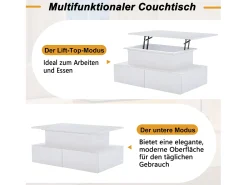 Mesa De Centro*Merax Mesa de centro elevatória - 90 x 55 x 41 cm - moderna em alto brilho com LEDs + 4 gavetas - aglomerado - Branco