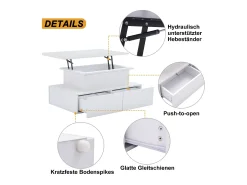 Mesa De Centro*Merax Mesa de centro elevatória - 90 x 55 x 41 cm - moderna em alto brilho com LEDs + 4 gavetas - aglomerado - Branco