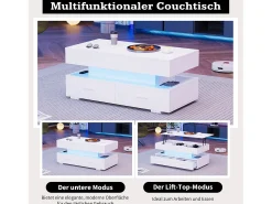 Mesa De Centro*Merax Mesa de centro elevatória hidráulica - 100 x 50 x 44 cm - com LEDs + 2 gavetas - Aglomerado - Branco